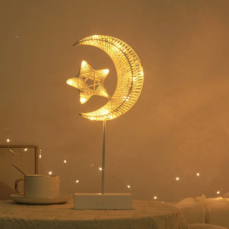 Led Rattan Night Light Star Moon Modelling Table Lamp Romantic Bedroom Decoration Hollow Rattan Night Light Ambient Light