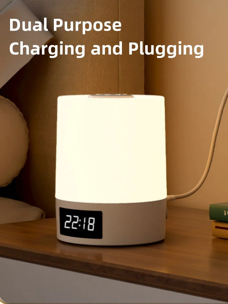 Night Light with Clock , Bedroom Bedside Lamp, Touch Baby Feeding and Eye Protection Sleep Light, Dimmable Charging Desk Lamp