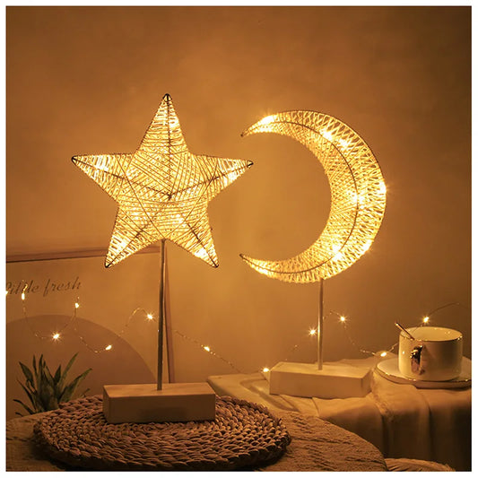 Led Rattan Night Light Star Moon Modelling Table Lamp Romantic Bedroom Decoration Hollow Rattan Night Light Ambient Light