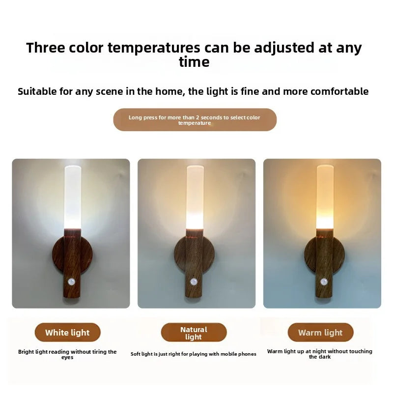 Night Light Motion Sensor Wall Lamps Rechargeable Wall Sconces Magnetic Wall Lights Wooden Wall Lighting for Bedroom Stair