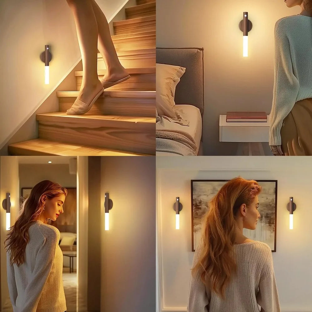 Night Light Motion Sensor Wall Lamps Rechargeable Wall Sconces Magnetic Wall Lights Wooden Wall Lighting for Bedroom Stair