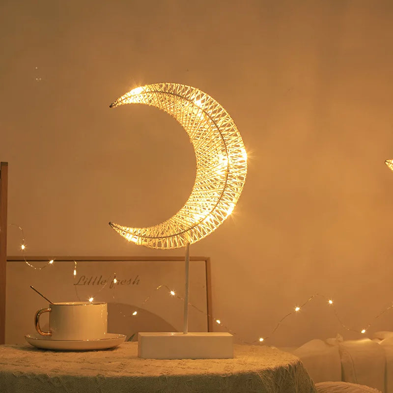 Led Rattan Night Light Star Moon Modelling Table Lamp Romantic Bedroom Decoration Hollow Rattan Night Light Ambient Light