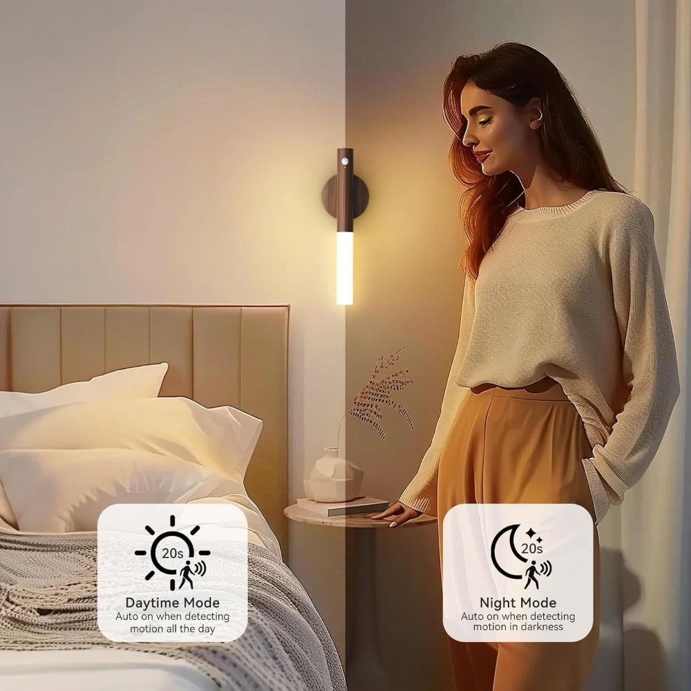 Night Light Motion Sensor Wall Lamps Rechargeable Wall Sconces Magnetic Wall Lights Wooden Wall Lighting for Bedroom Stair