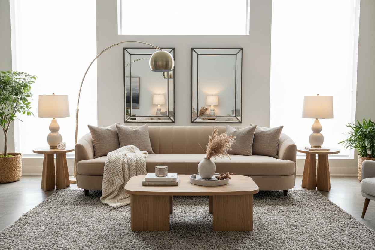 Upgrade your décor today with Prestiva — your home, styled beautifully.Create a calm, modern space with one hero piece, warm layered lighting, a sculptural table, mirrors to open the room, and soft textures for a cozy, curated finish.