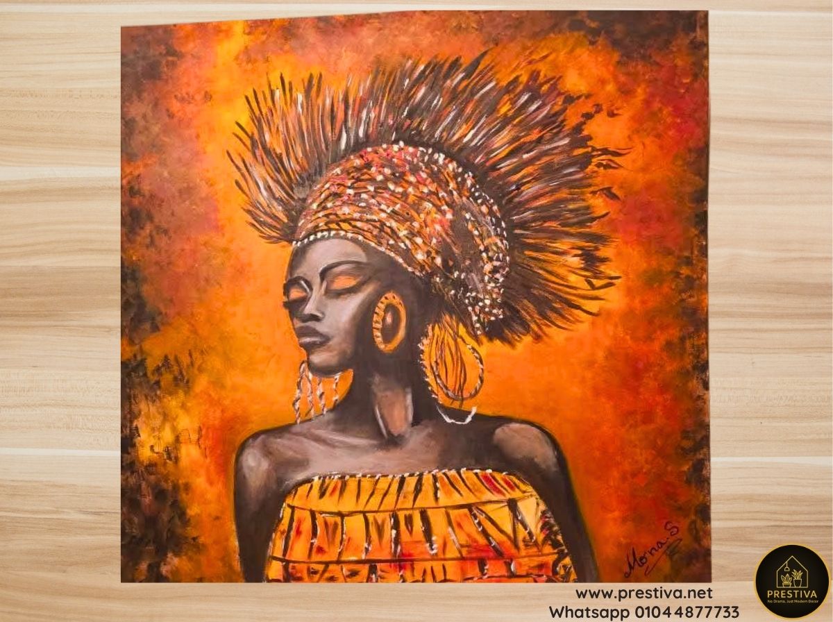African Woman Portrait in Orange Dress – Handmade Wall Art Egypt | Prestiva